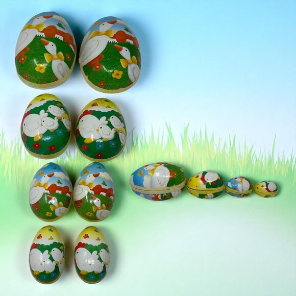 Unknown Other - Set Of 4 Vintage Paper Mache Nesting Easter Eggs Farm Germany Mother Goose